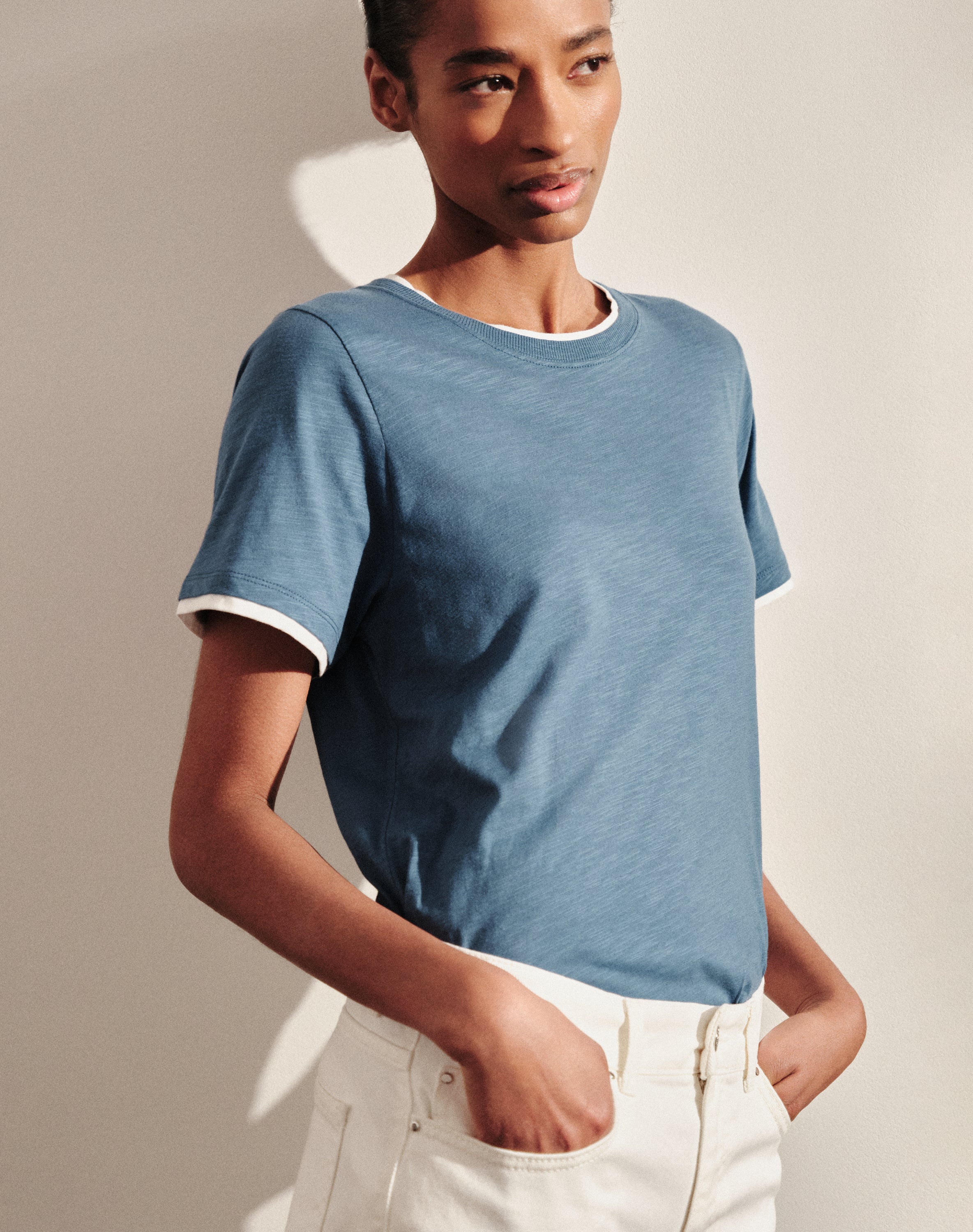 Blue & White cotton t-shirt with layered effect 